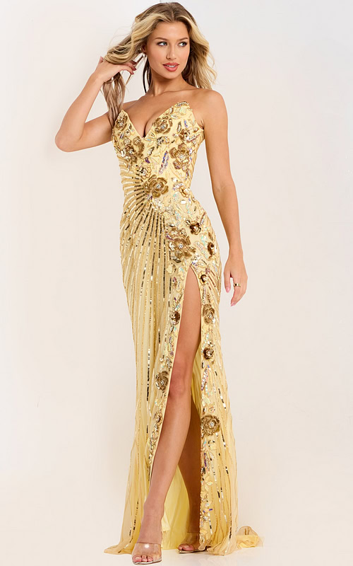 Strapless Sequin High Slit Gown