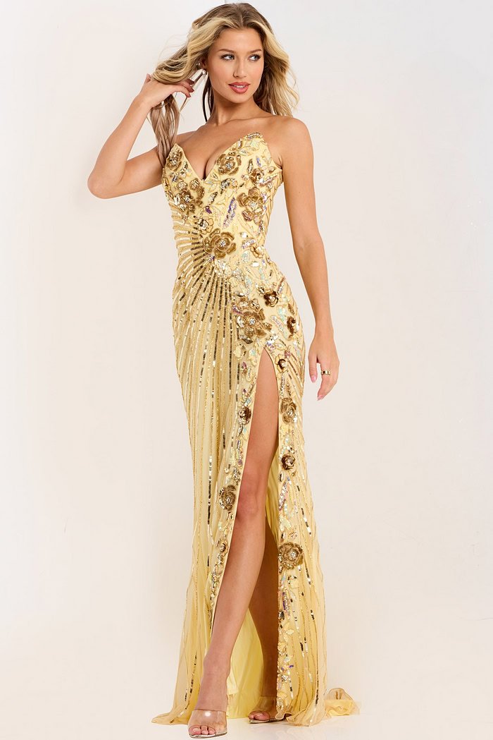 Strapless Sequin High Slit Gown