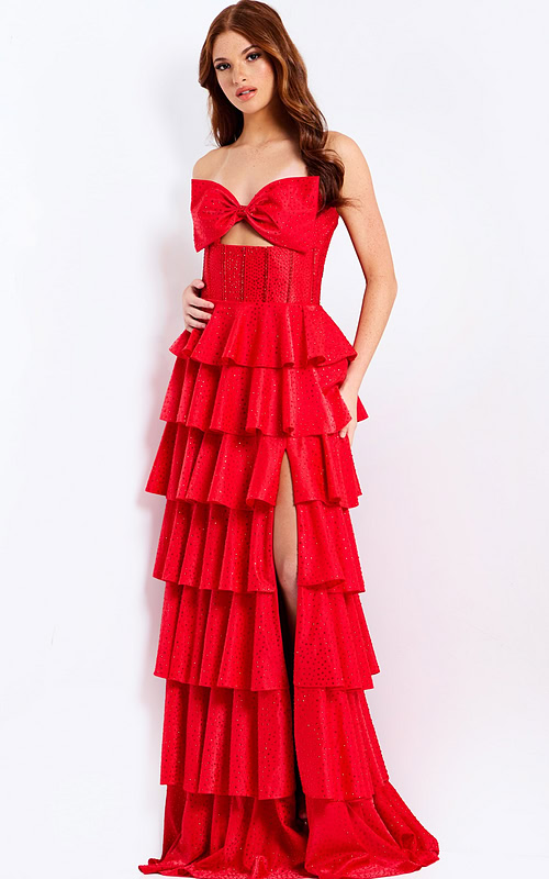 Strapless tiered gown with bow bodice and glittered ruffles