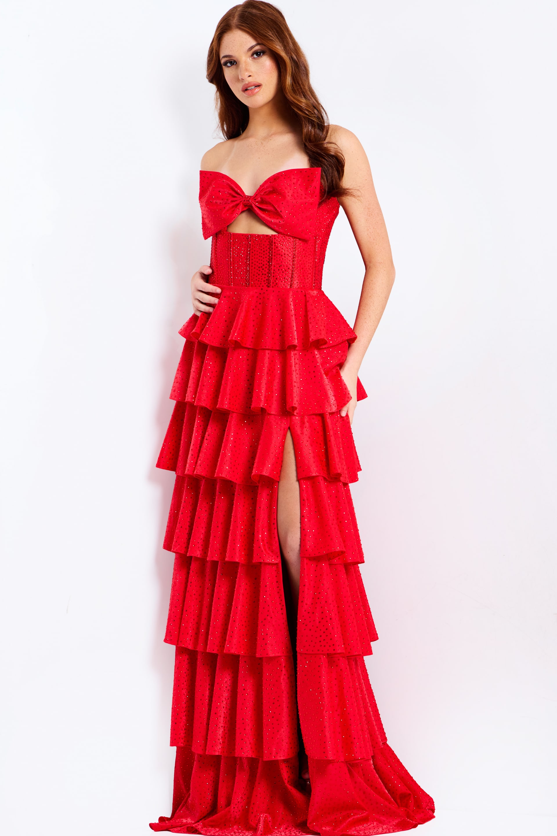 Strapless tiered gown with bow bodice and glittered ruffles