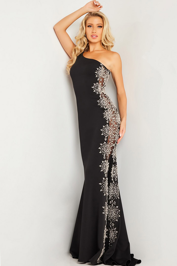 Model wearing Jovani 22500 black one-shoulder gown with sequin appliqué, additional front view