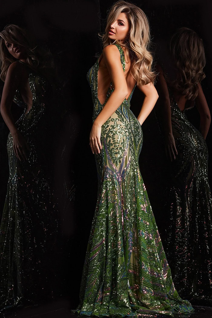 model wearing Jovani 22770 purple sequin mermaid gown front view with hands up
