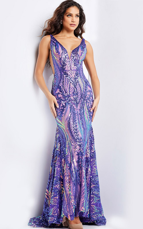 Model wearing Jovani 22770 purple dress with V-neckline and mermaid silhouette, front view.