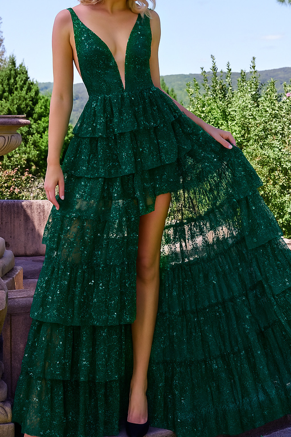 green v neckline sheer dress 22904