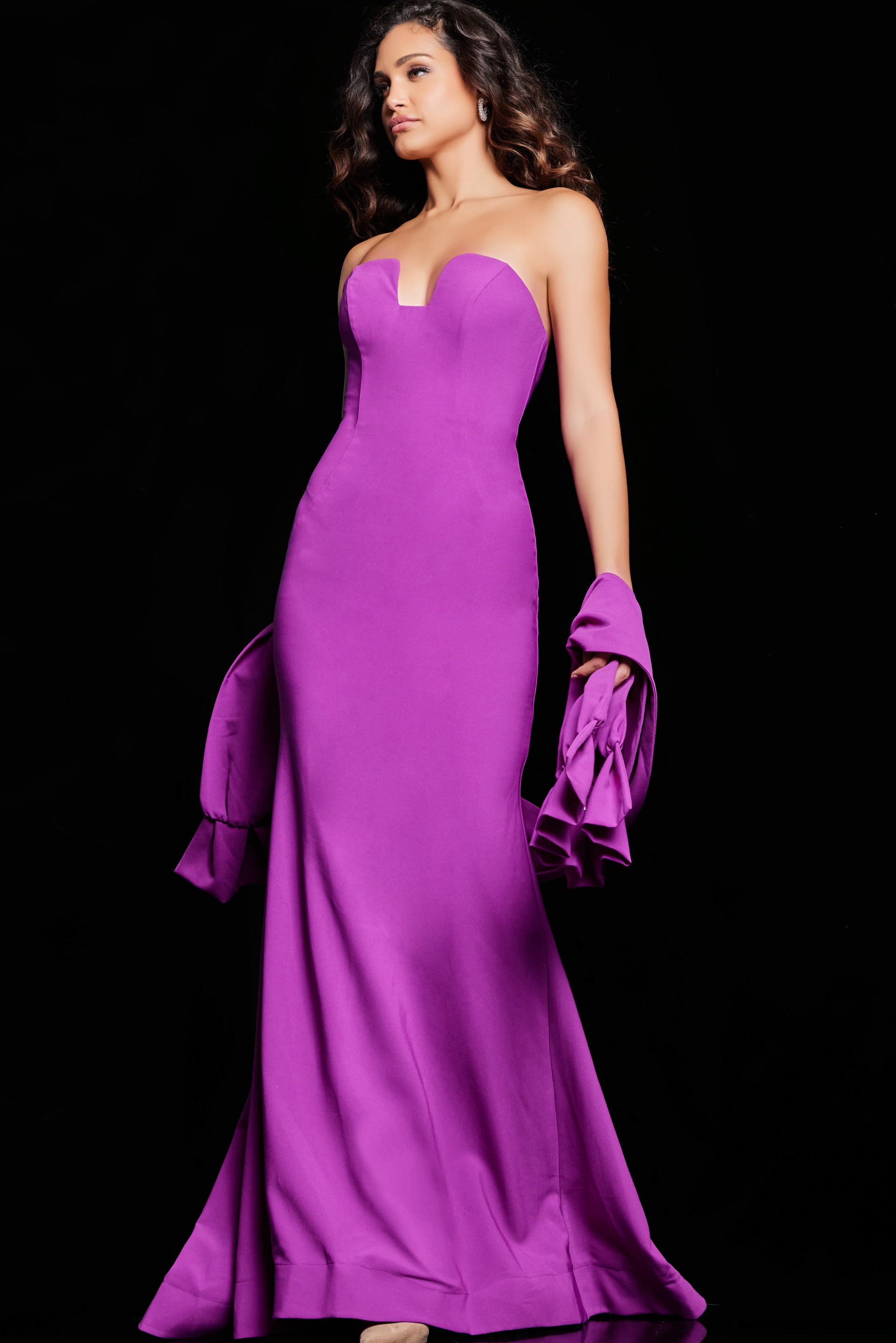 model wearing 23029 purple dress side view