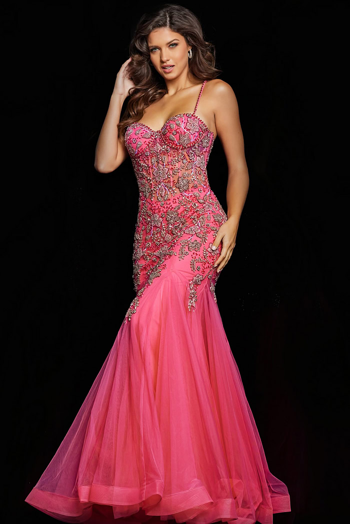 Model wearing Jovani 23125 with intricate beaded bodice and pink tulle bottom in front view