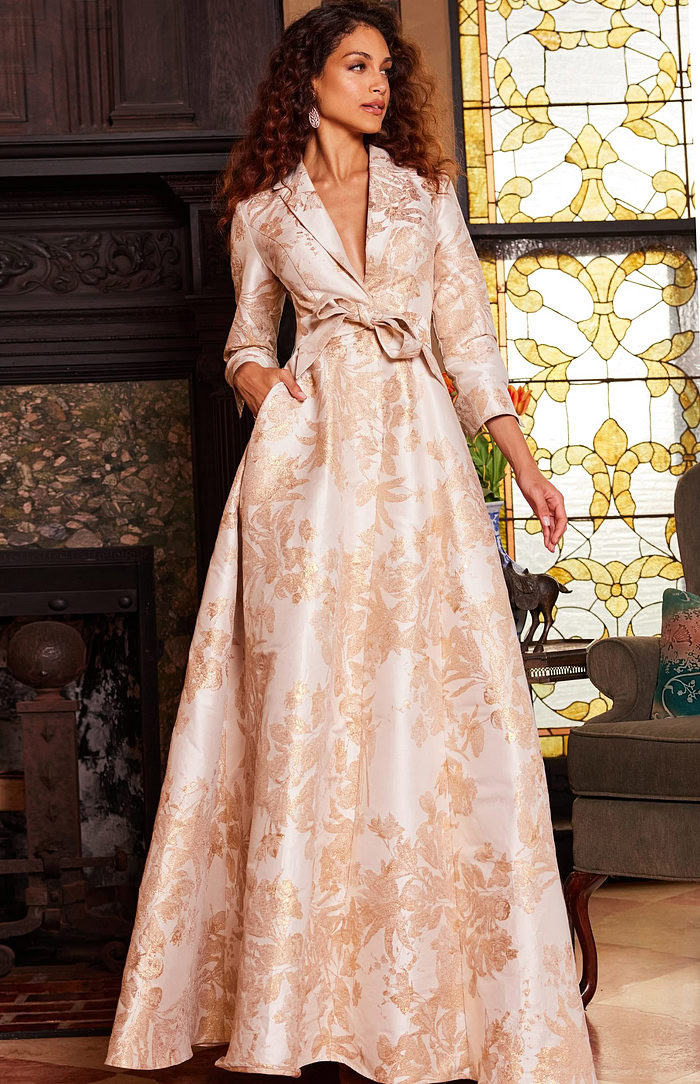 Model wearing Jovani 23178 gold floral brocade dress floral pattern