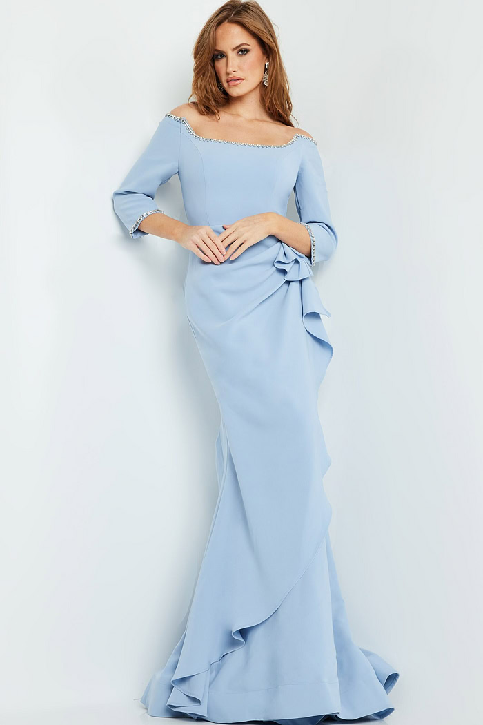 Front view of Jovani 23190, showcasing light blue dress with off-the-shoulder design and three-quarter sleeves.