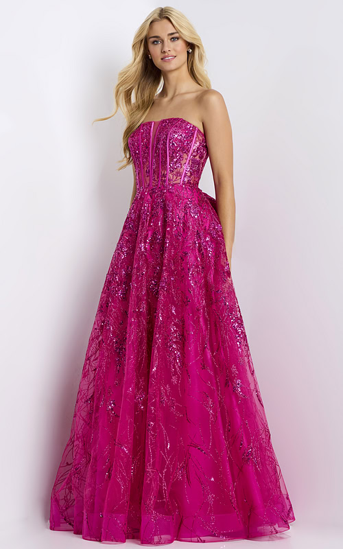 Pink sequin tulle prom dress with sheer bodice and full skirt