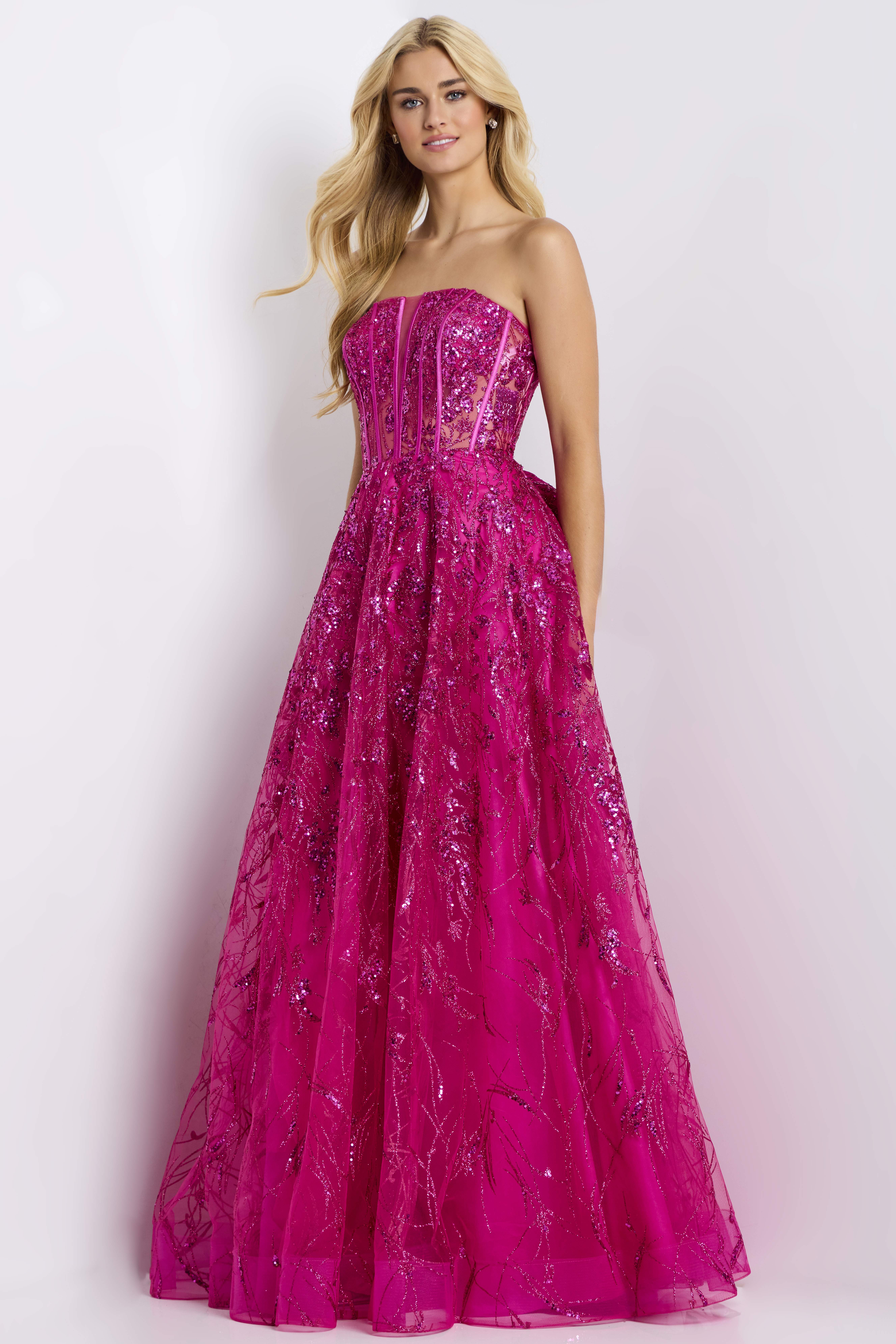 Pink sequin tulle prom dress with sheer bodice and full skirt