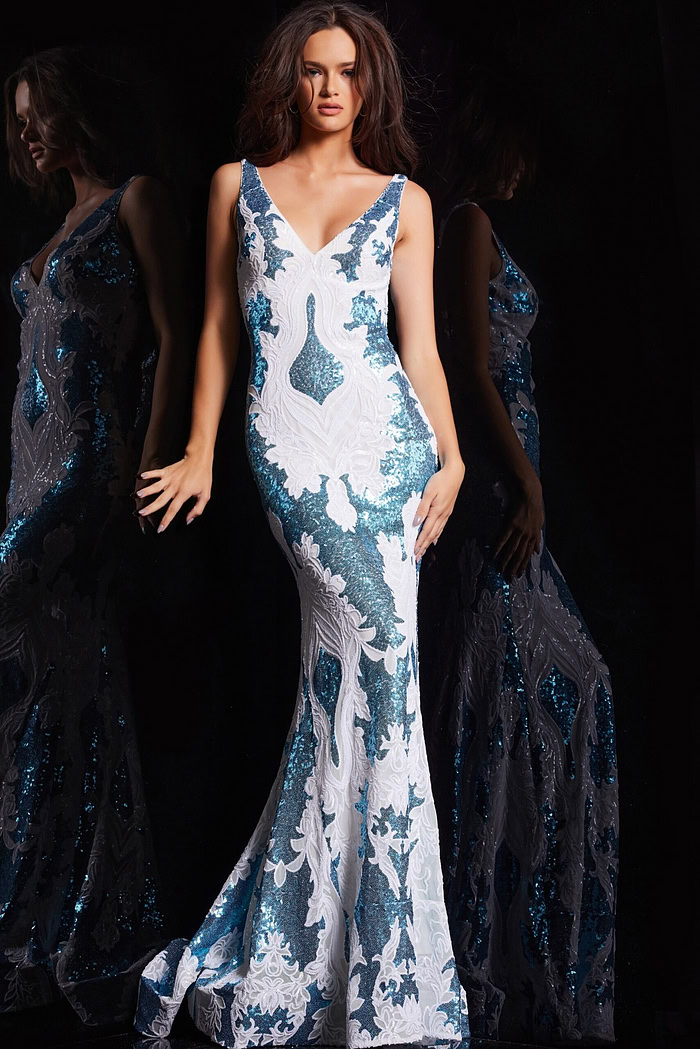 Model wearing Jovani 23319 in Ivory with sequin embellishments, front view indoor setting