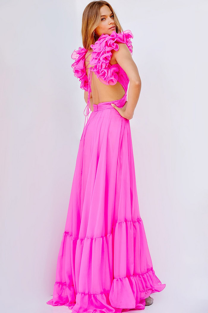 Back view of model wearing Jovani 23322 hot pink dress with floral details