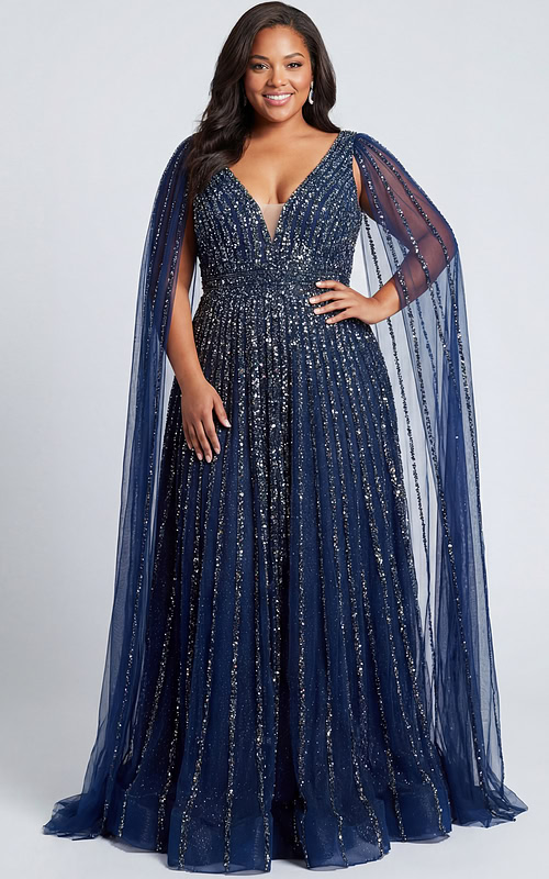 plus size sequin evening gown with cape sleeves