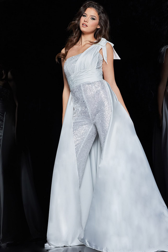 model wearing Jovani 23407 gown with side view of one-shoulder neckline in beige