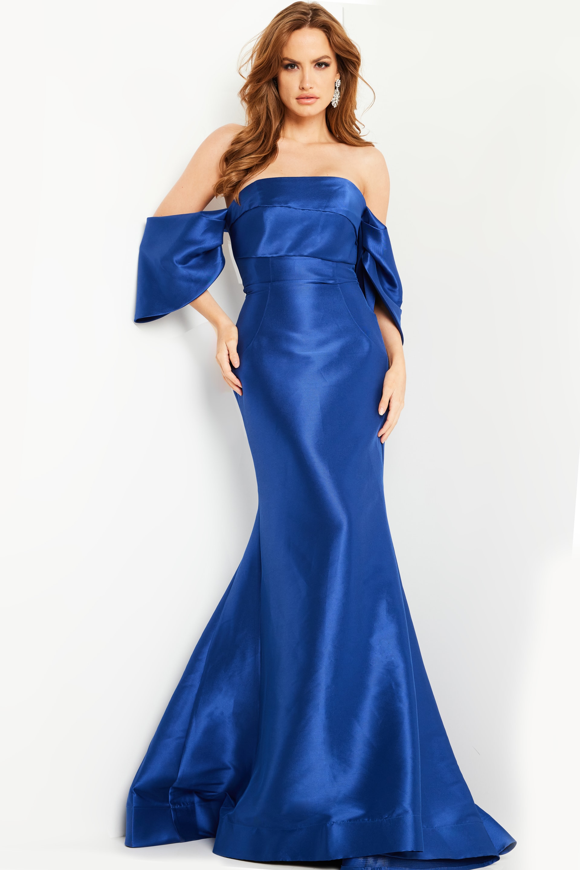 Model wearing Jovani 23398 in burgundy, front view.