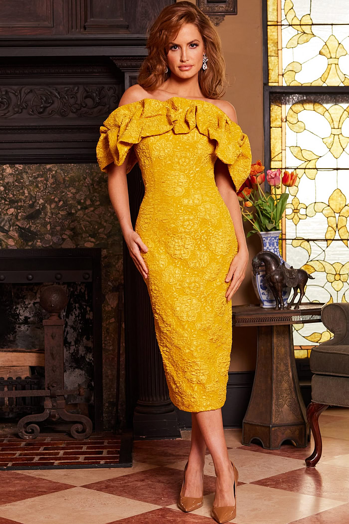 Model presenting Jovani 23848 yellow dress with floral details, front view.