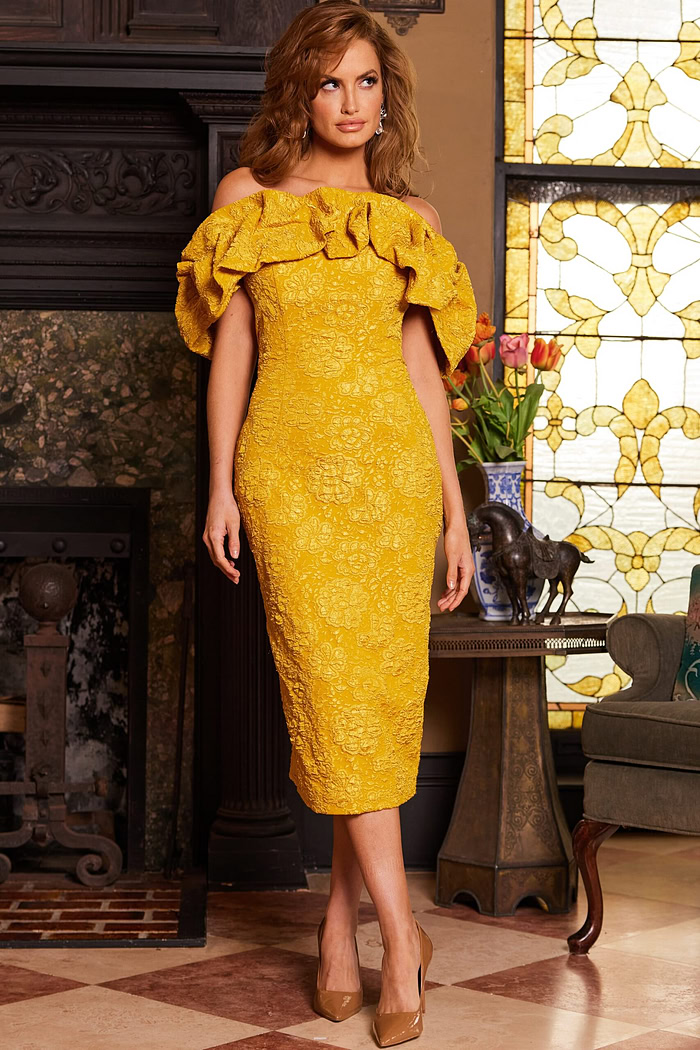 Overall view of Jovani 23848 yellow dress, highlighting the floral embossed design.