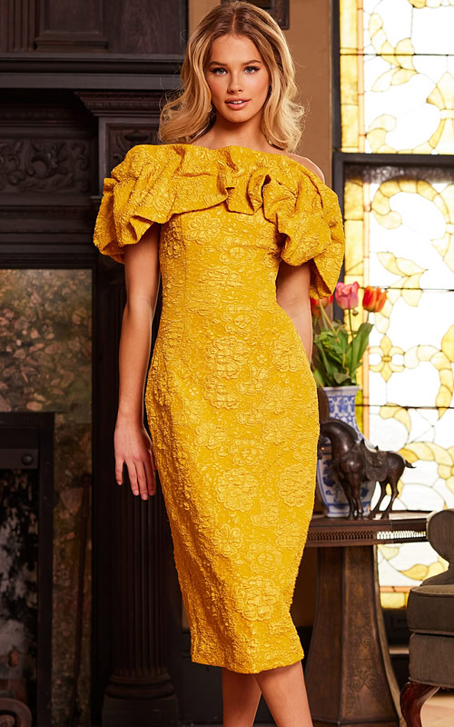 Model wearing Jovani 23848 yellow dress with off-the-shoulder neckline and ruffles, front view.