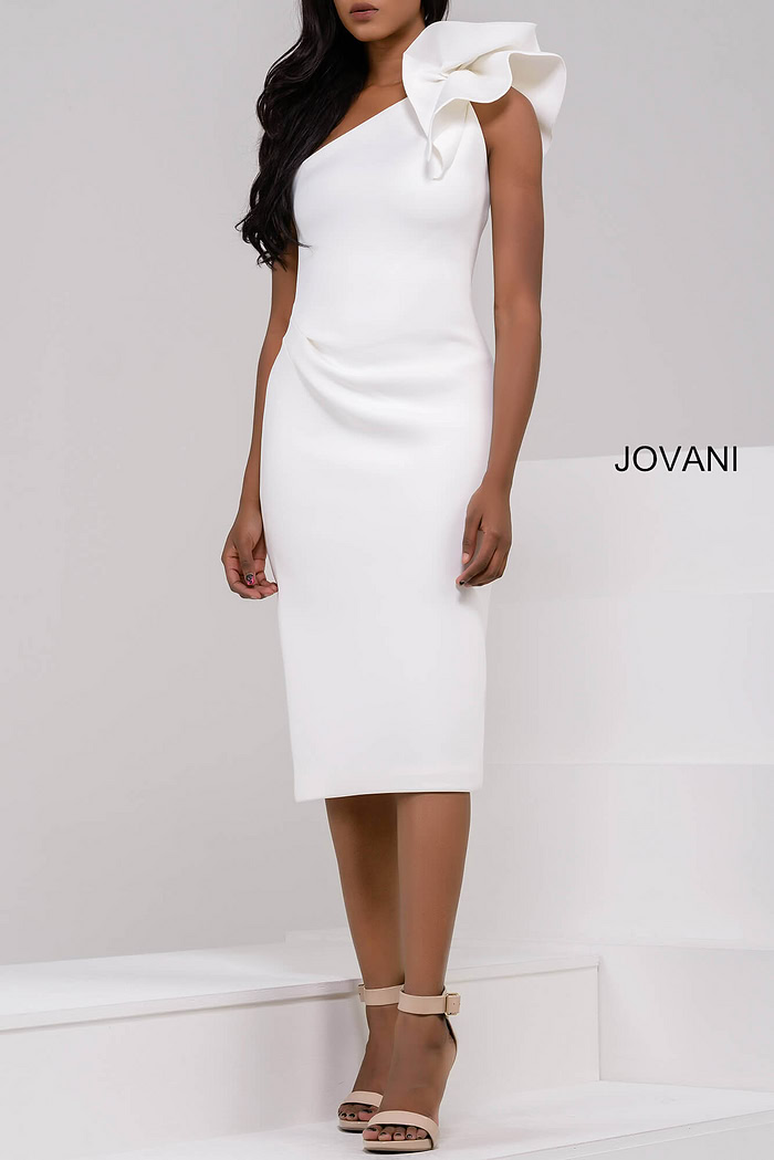 model wearing Jovani 23886 in white showcasing front design