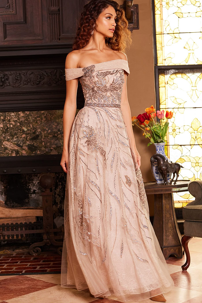 Elegant Jovani 24055 beige gown with off-the-shoulder design, showcasing the flowing A-line silhouette.