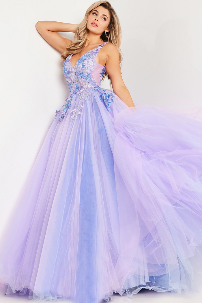 Model showcasing Jovani 24602 lilac gown highlighting floral embroidery and tulle skirt