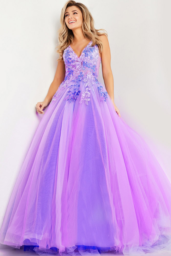 Model wearing Jovani 24602 lilac gown with floral embroidery and A-line silhouette front view