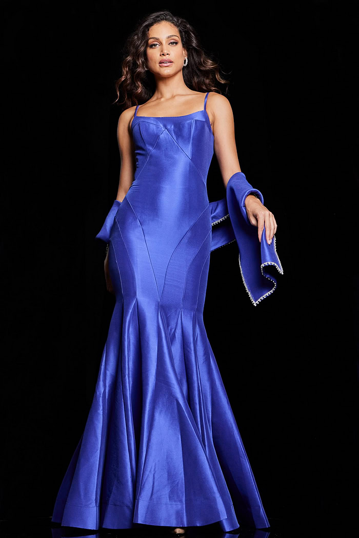 Front view of model wearing Jovani 24642 purple gown with a square neckline and elegant design.
