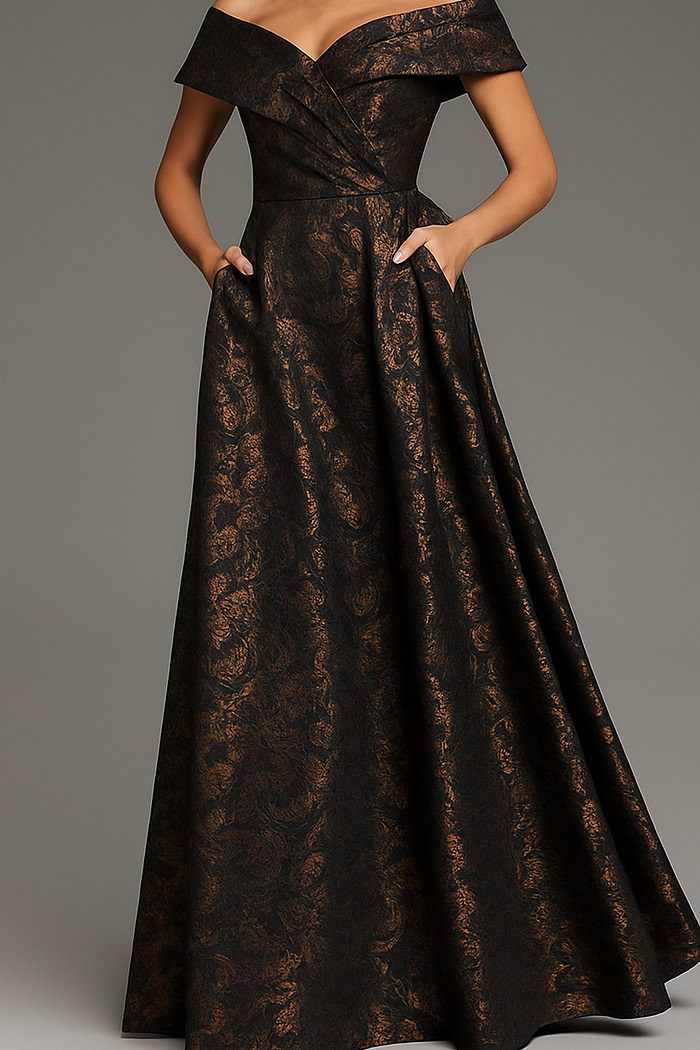 25666 bronze color off the shoulder mob dress