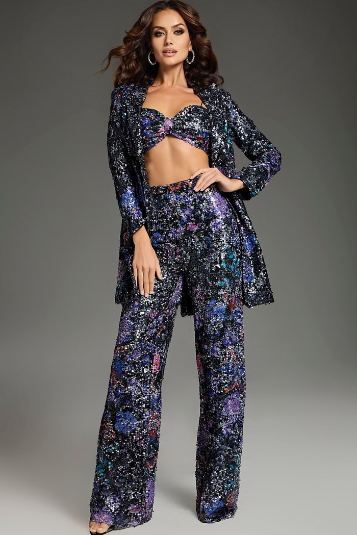 Front view of Jovani 25750 outfit with multi-colored sequins and jacket