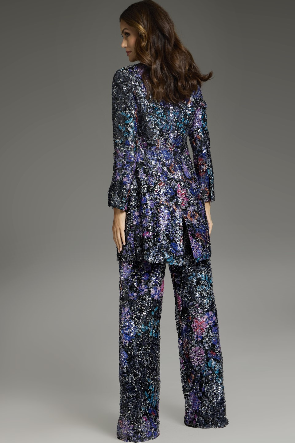 Back view of Jovani 25750 multi-colored sequin jacket and pants