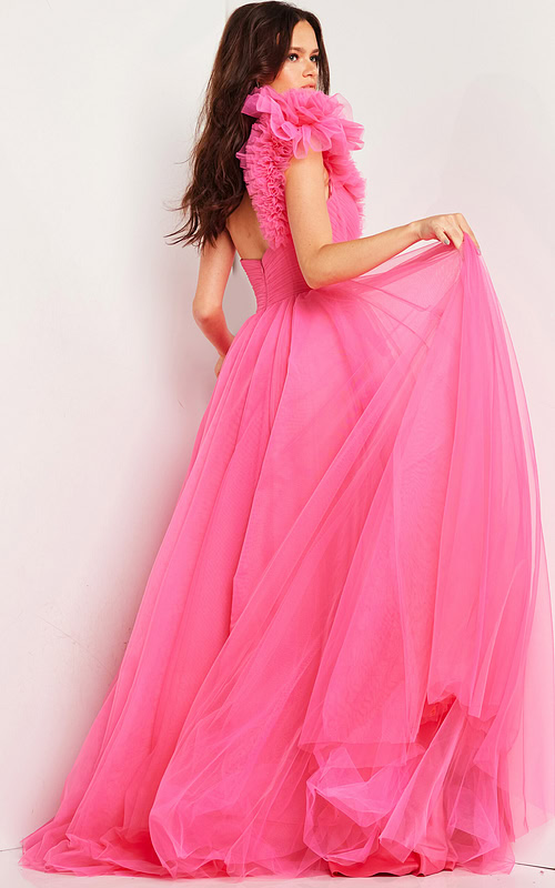 Model wearing Jovani 25919 pink gown, back view