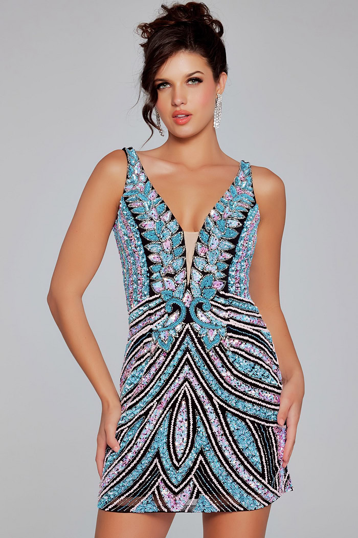 Model wearing Jovani 25925 short fitted dress in black with intricate patterns and a deep V-neckline.