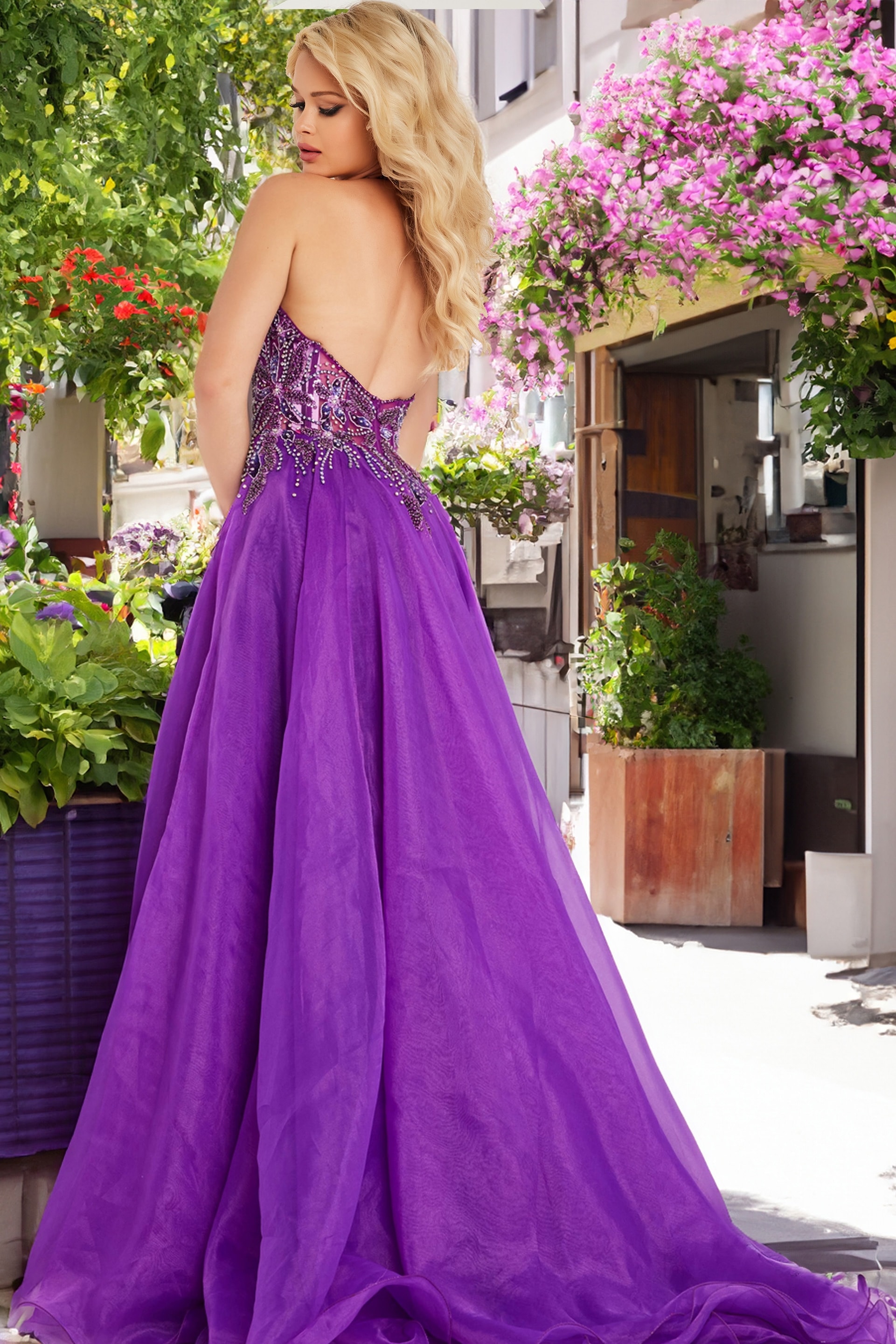 Model showcasing back of Jovani 25964 purple gown with open design