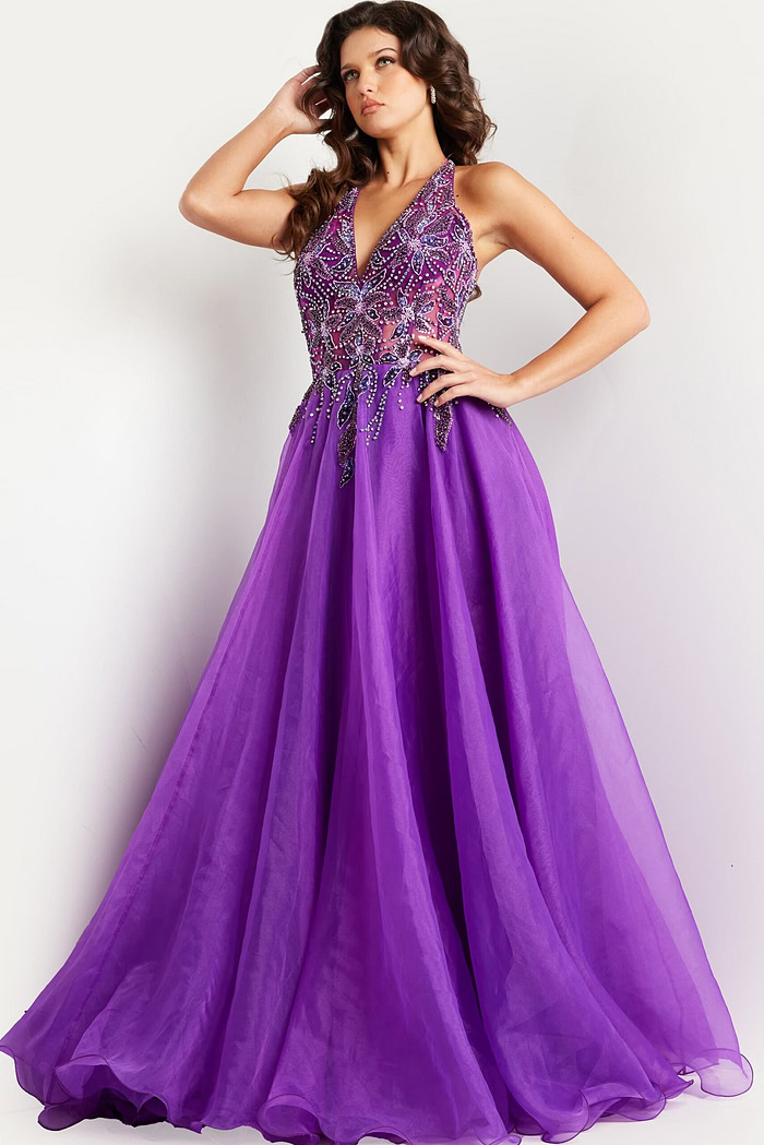 Full front view of Jovani 25964 with high slit and beaded detail