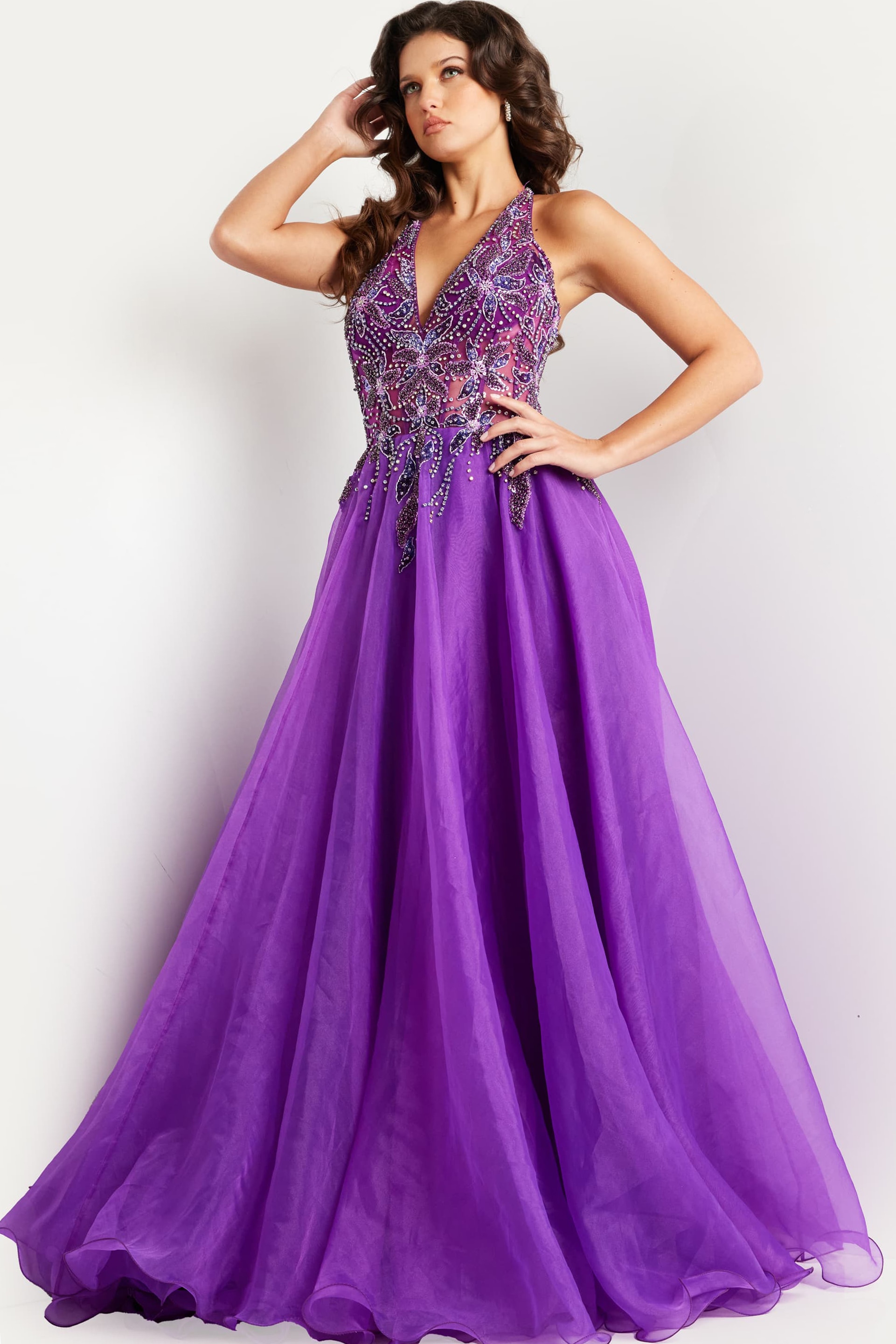 Full front view of Jovani 25964 with high slit and beaded detail