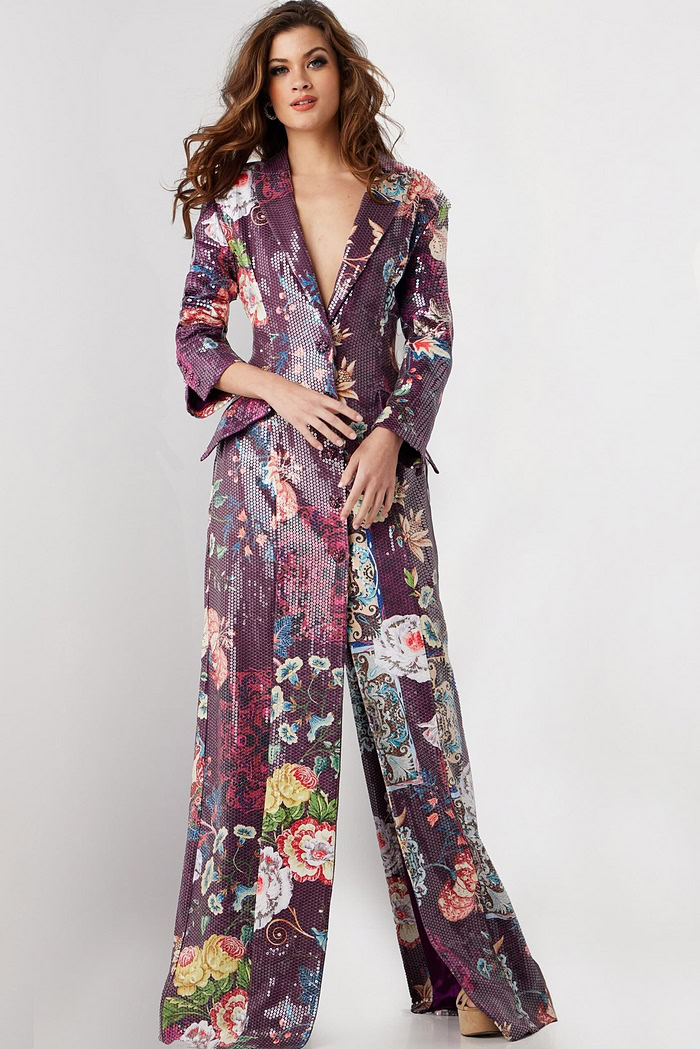 Model wearing Jovani 26035 multi-colored dress with V-neckline, alternative front view.