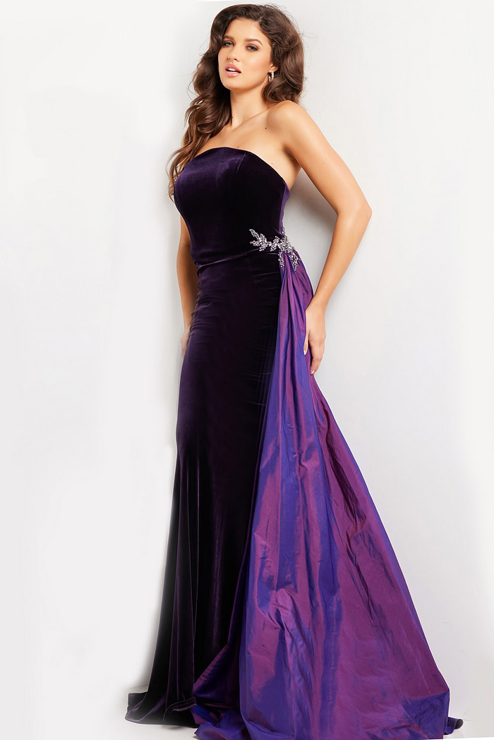 model wearing 26116 purple mermaid silhouette gown with strapless neckline