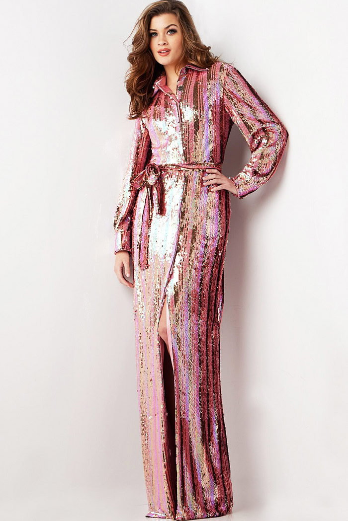 Model in Jovani 26136 multi-colored sequin dress with a high slit and belt, front view.