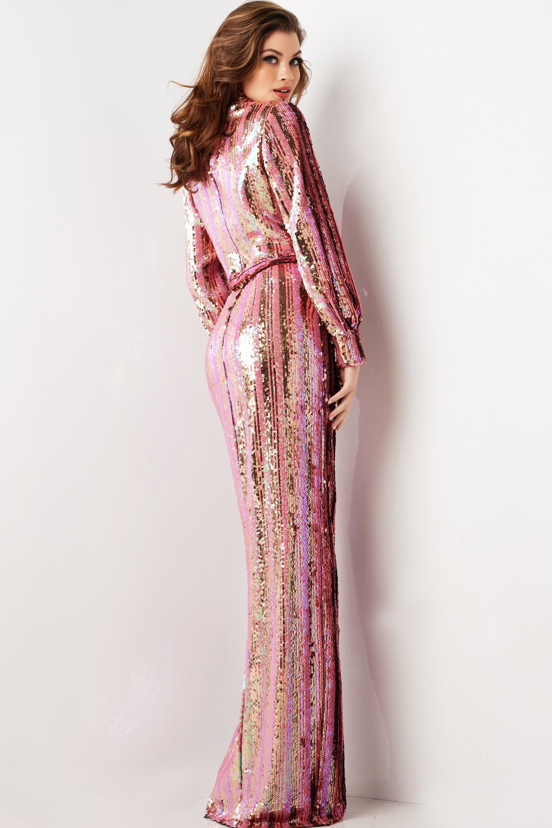 Back view of model in Jovani 26136 multi-colored sequin dress highlighting elegant silhouette.