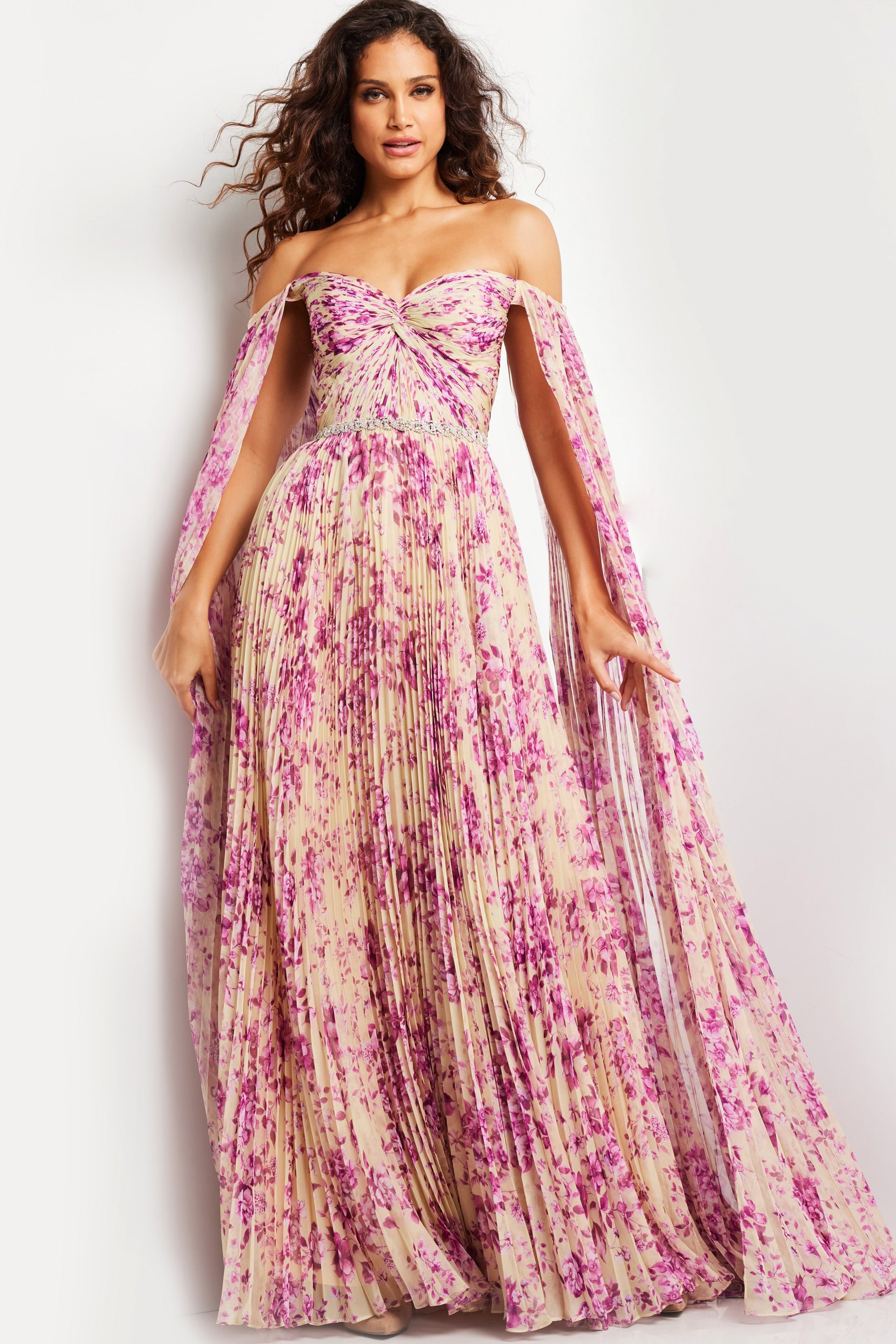 Model wearing Jovani 26141, demonstrating the off-the-shoulder detail and A-line silhouette from the front view.