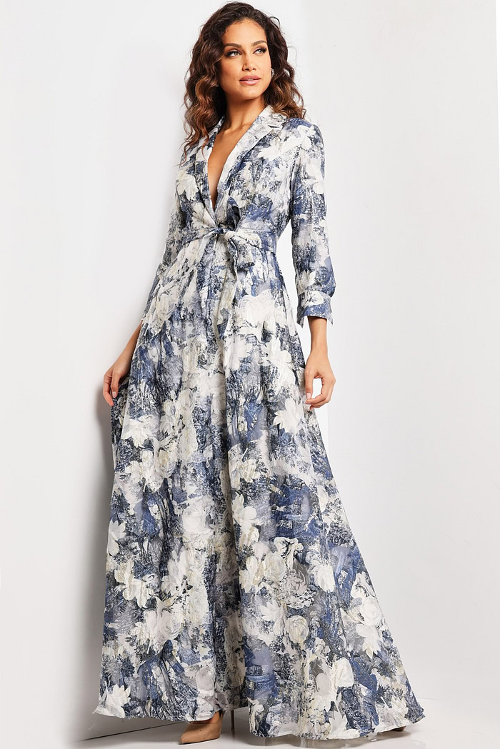model wearing Jovani 26202 printed dress in full length with lapel neckline and long sleeves