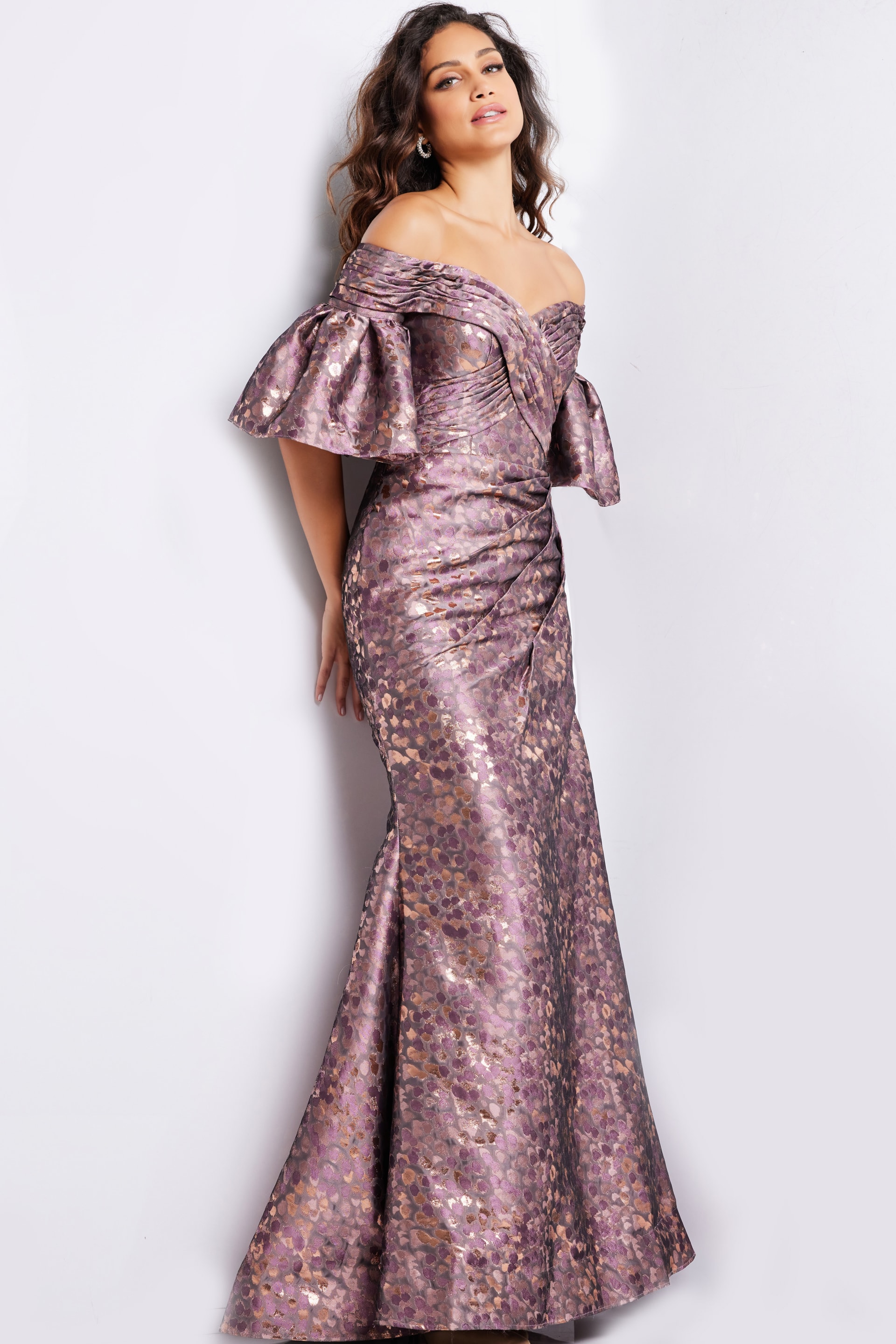 Front view of Jovani 26258 gold dress highlighting off-the-shoulder design.