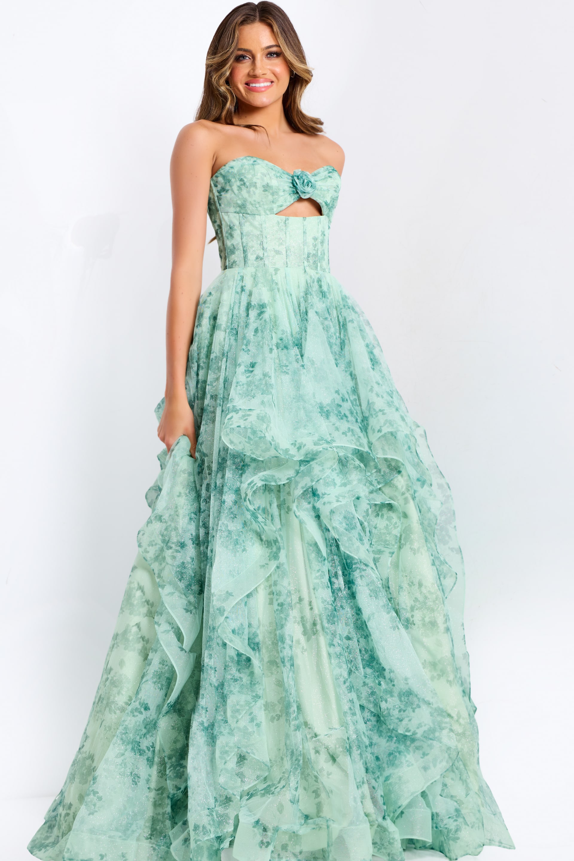 Green floral ball gown with bow front detail