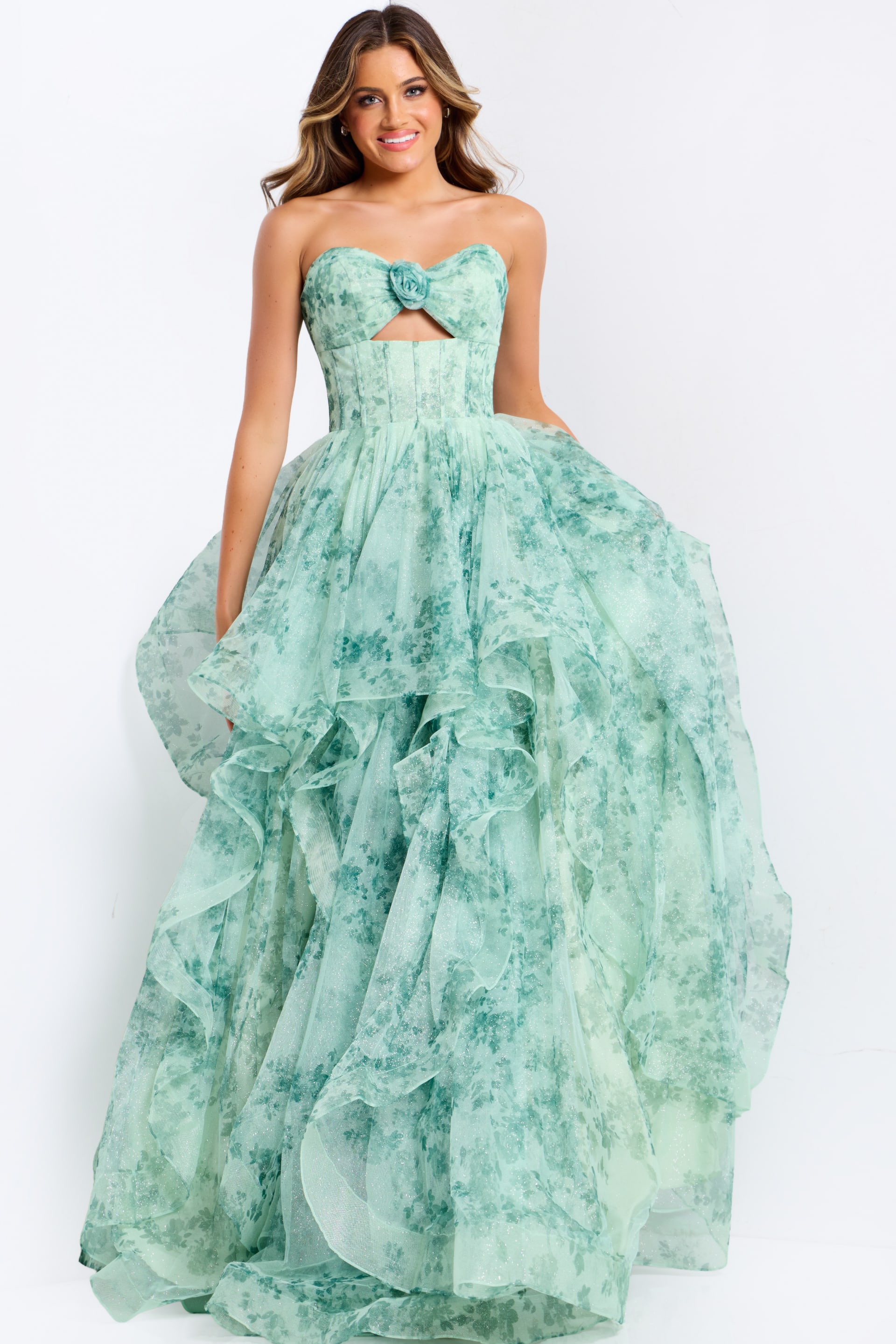 Romantic tiered floral print prom dress