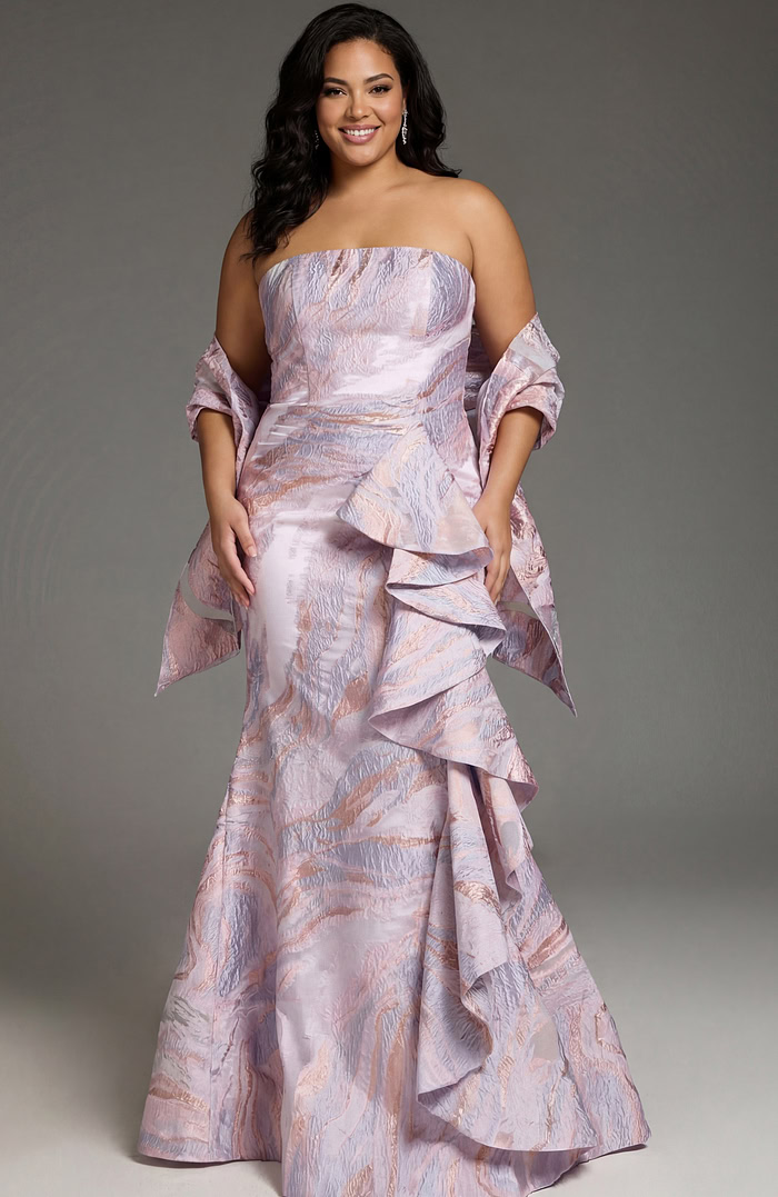 Elegant strapless gown with textured pastel fabric and cascading ruffle detail.