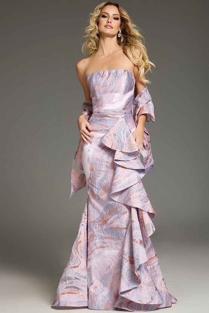 Model front view of Jovani 31137 pink mermaid dress with intricate pattern