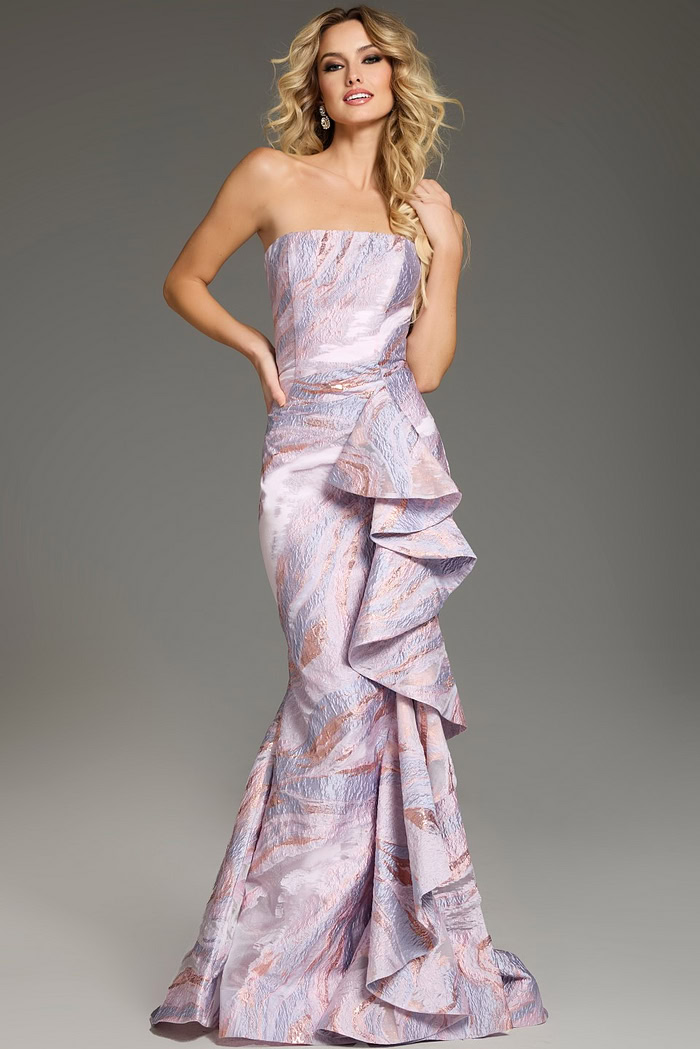 Model showcasing Jovani 31137 pink mermaid gown with side ruffles