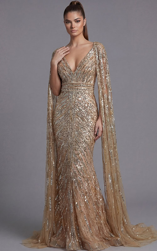Front view of a beaded column gown with deep V neckline and draped cape sleeves