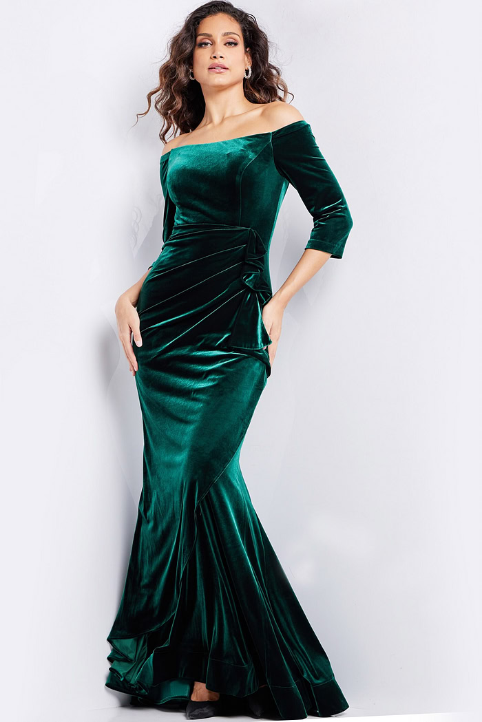 elegant 36458 green velvet dress with bow detail and off-the-shoulder neckline