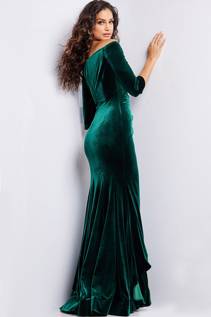 model showcasing the back of 36458 green velvet dress with three-quarter sleeves